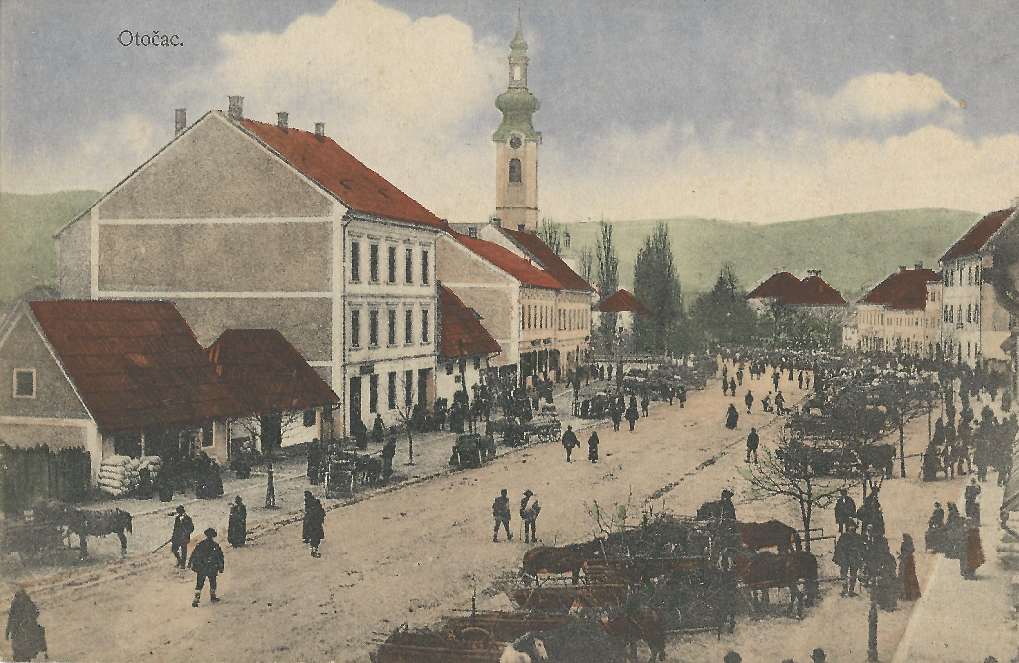 Stara razglednica Otočca s pogledom na središte grada i crkvu